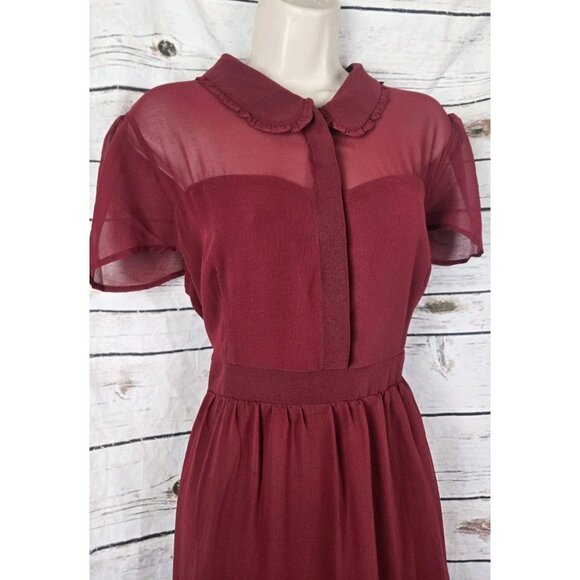 Modcloth Burgundy Sheer Chiffon Dress XL NEW Ruffle Fit & Flare Collared - Picture 2 of 8